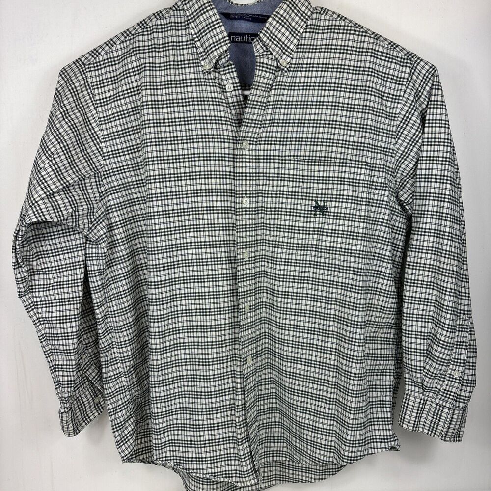 Nautica Men's Long Sleeve Button Up Dark Green Plaid‎ Shirt Size L 100% Cotton